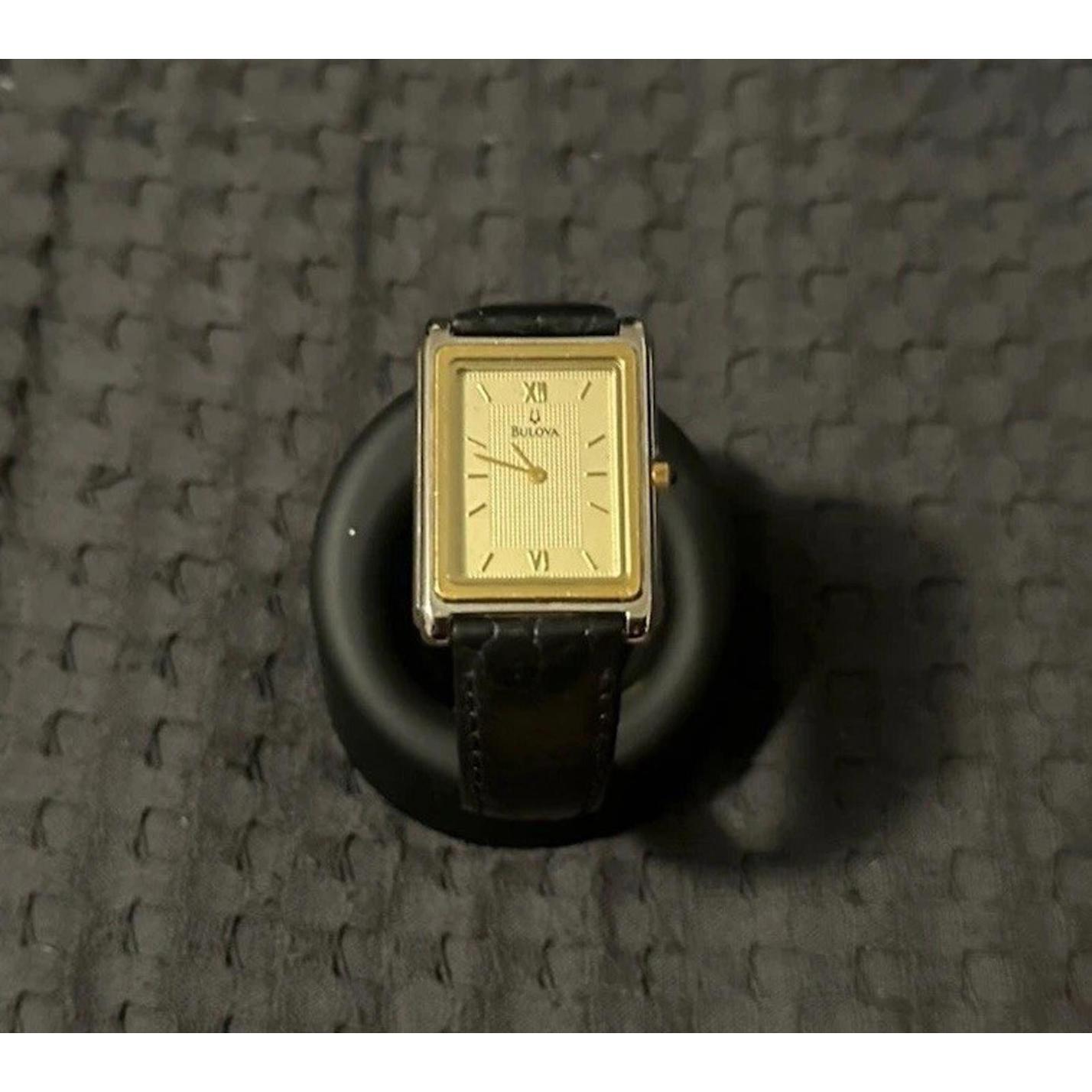 Bulova Vintage Watch #98a44 Slim Gold Black Leather Needs New Battery